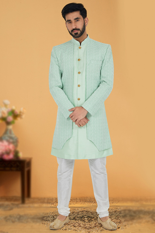 Pastel Mint Blue Jacquard Embroidered Men Sherwani