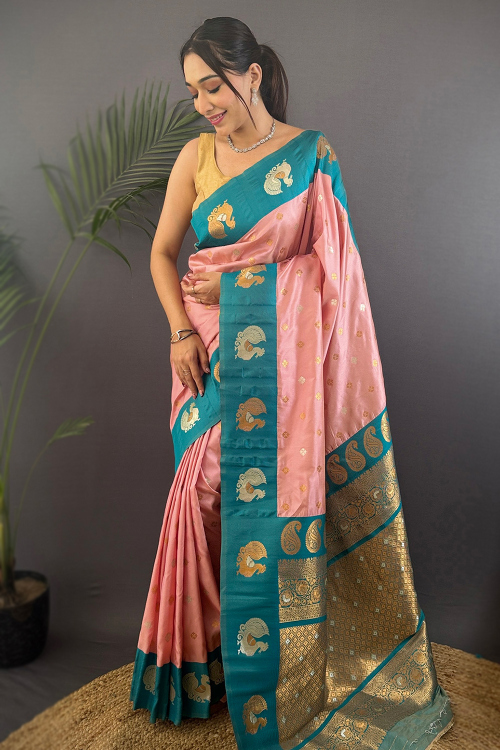 Pastel Pink Art Silk Broad Border Saree With Weaved Work