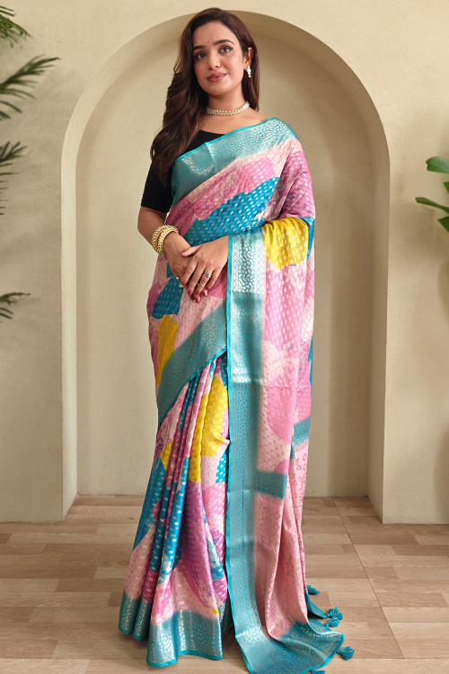 Pastel Pink Art Silk Saree With Printed Work For Festival