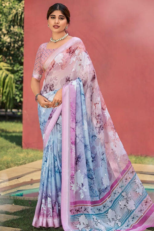Pastel Pink Chiffon Saree With Printed Work For Casual Wear