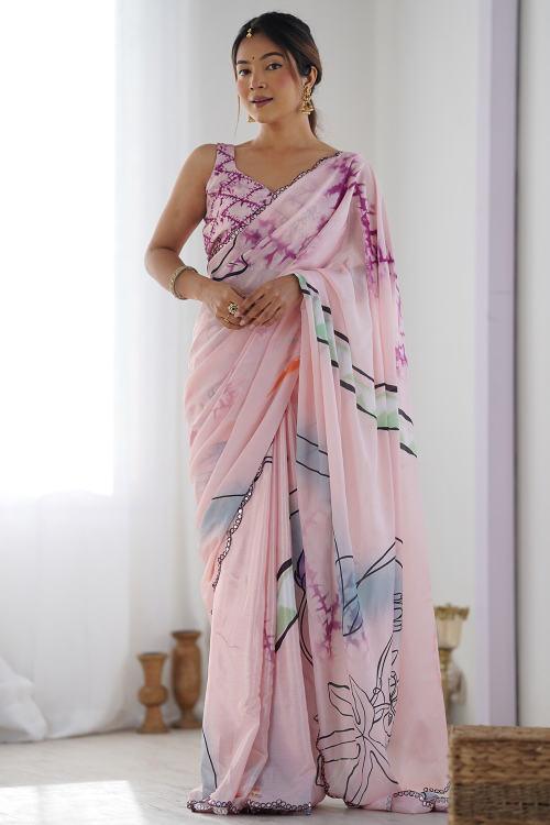 Pastel Pink Chinnon Printed Regional Saree 