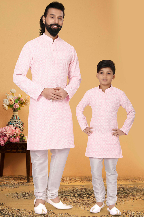 Pastel Pink Cotton Embroidered Father Son Duo Kurta Pajama