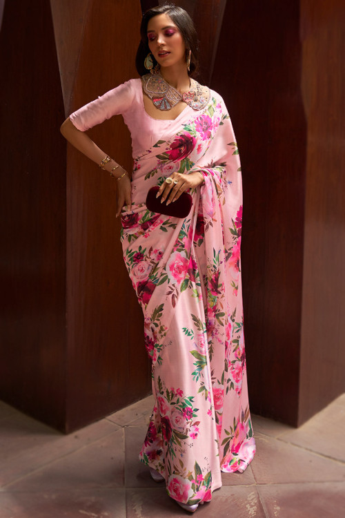 Pastel Pink Woven Wedding Wear Saree in Crepe