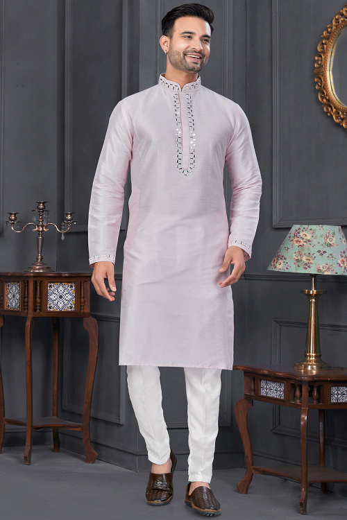 Pastel Pink Dupion Silk Embroidered Straight Cut Men's Kurta Pajama