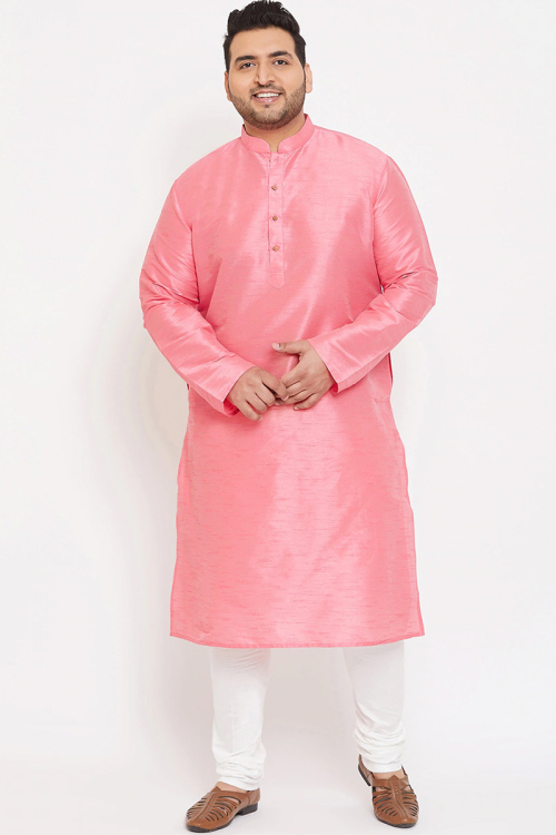 Pastel Pink Dupion Silk Plain Men's Kurta With Churidar