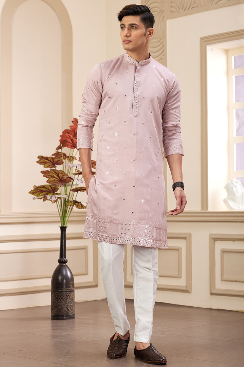 Pastel Pink Embroidered Silk Blend Men's Kurta Pajama