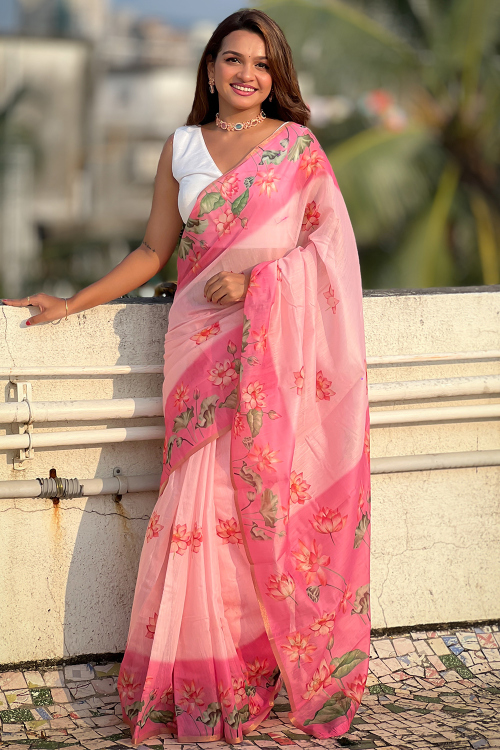 Pastel Pink Floral Printed Chanderi Cotton Saree