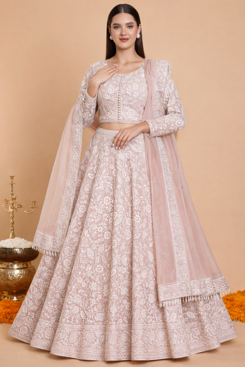 Pastel Pink Georgette A Line Sequins Embroidered Lehenga