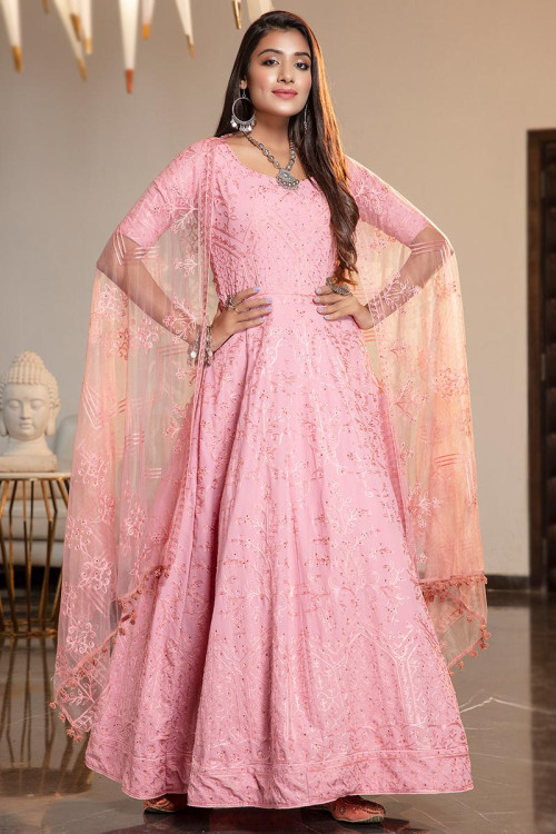 Georgette Pastel Pink Thread Embroidered Party Wear Gown