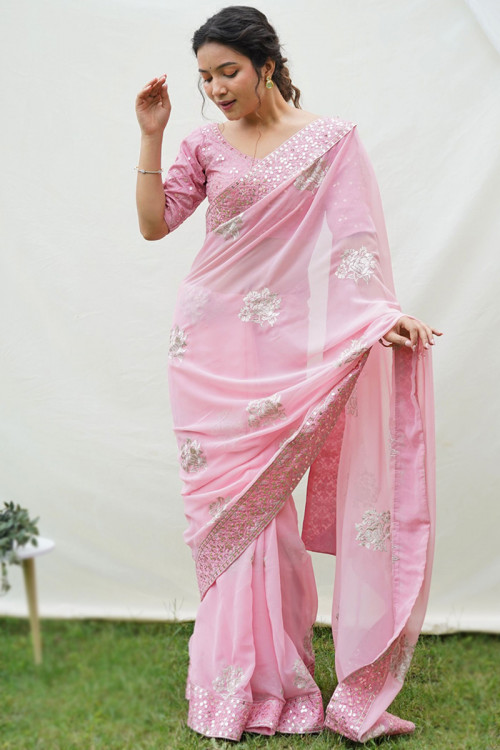 Pastel Pink Georgette Embroidered Light Weight Saree