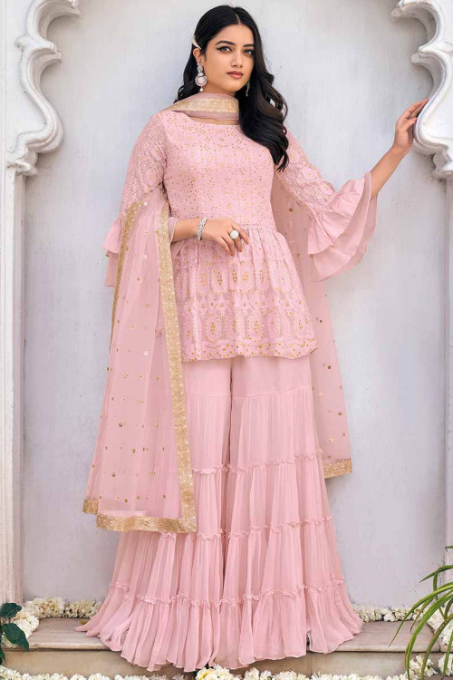 Pastel Pink Georgette Embroidered Sharara Suit
