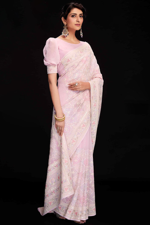 pastel pink georgette saree for bridesmaid wear sarv157930 1