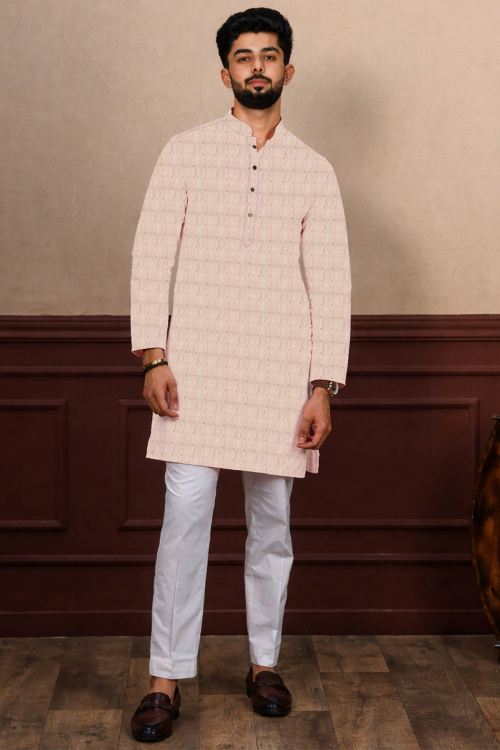 Pastel Pink Jacquard Men&#039;s Kurta Pajama With Weaved Work For Festival 