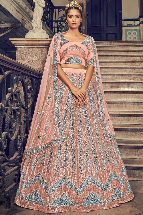 Pastel Pink Net Embroidered Lehenga