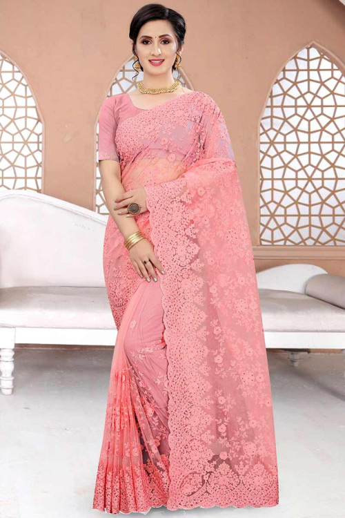 Pastel Pink Net Embroidered Saree