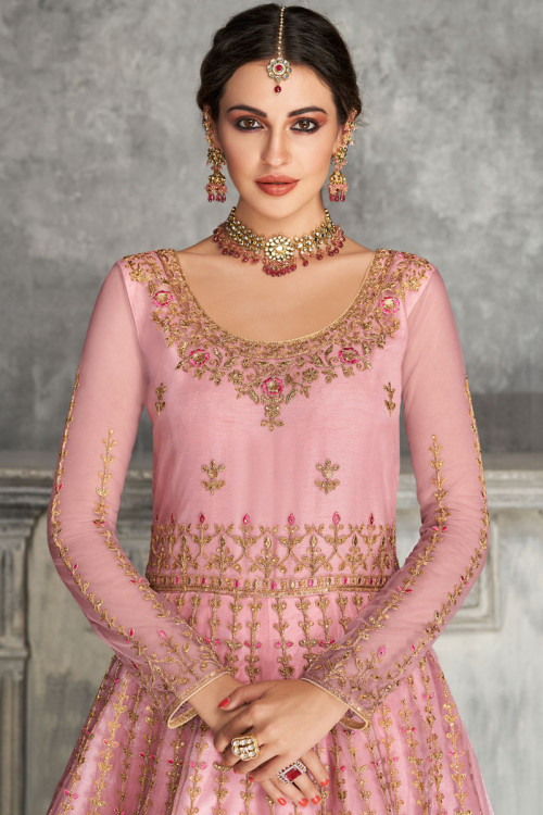 Fashion Outfits Zari Embroidered Pastel Pink Anarkali Suit LSTV08537