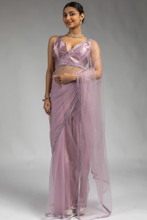 Pastel Pink Net Saree with Stone Work for Party 