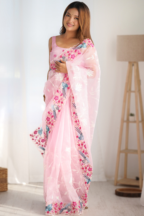 Pastel Pink Organza Embroidered Light Weight Saree