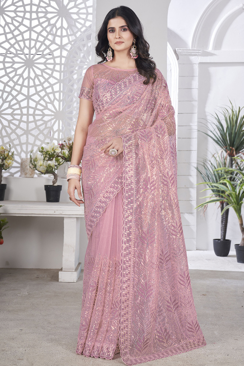 Pastel Pink Organza Embroidered Light Weight Saree 