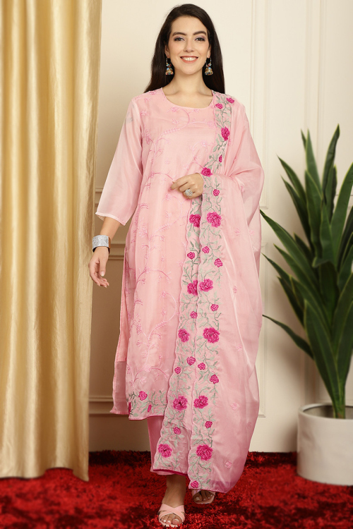 Pastel Pink Organza Embroidered Straight Cut Suit 