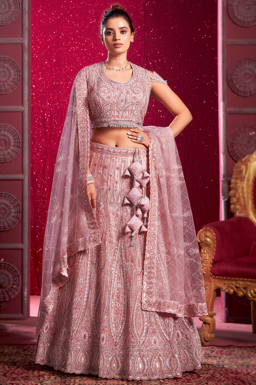 Pastel Pink Pearl Embroidered Net Bridesmaid Lehenga 