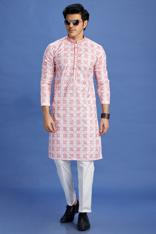 Pastel Pink Printed Cotton Straight Cut Men's Kurta Pajama