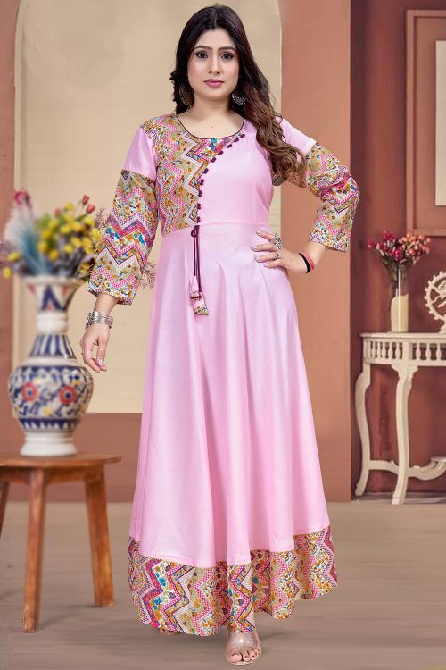 Pastel Pink Rayon Printed Casual Wear Ready Made Kurti