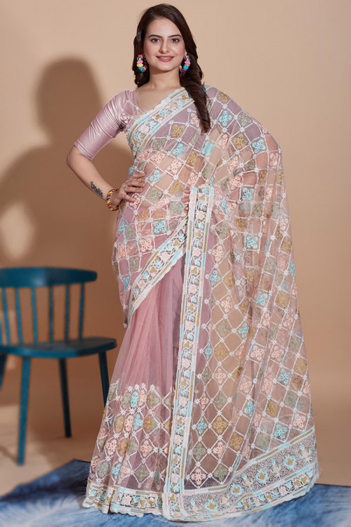 Pastel Pink Resham Thread Embroidered Net Lightweight Saree