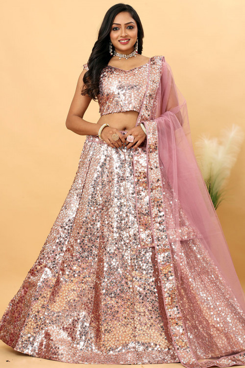 Pastel Pink Sequins Embroidered Satin Party Wear Lehenga 