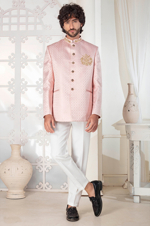 Pastel Pink Silk Blend Embroidered Men's Jodhpuri Suit For Wedding