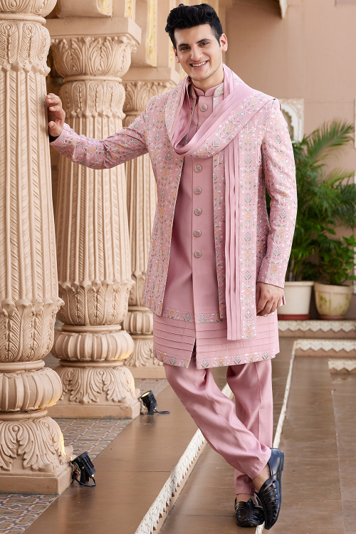 Pastel Pink Silk Blend Ready to Wear Men's Sherwani With Embroidered Jacket