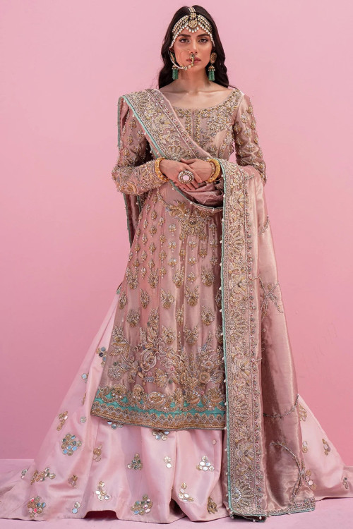 Pastel Pink Silk Embroidered Bridal Wear Trail Cut Lehenga