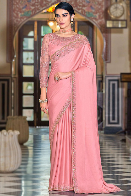 Thread Work Pastel Pink Saree in Silk for Party 