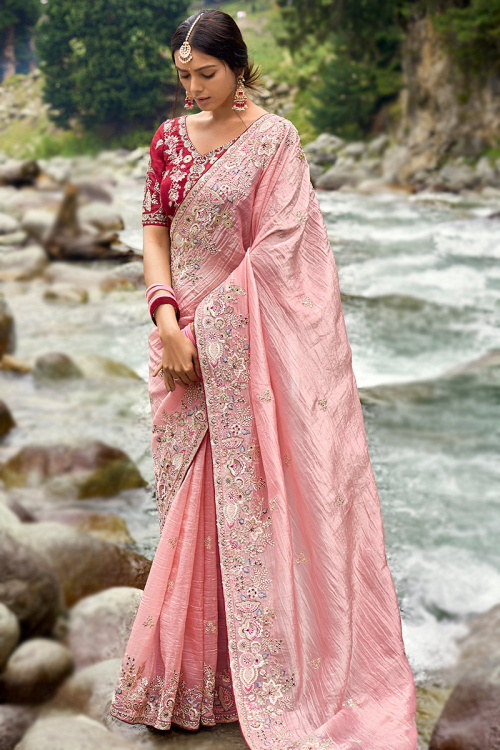 Pastel Pink Silk Embroidered Wedding Wear Saree