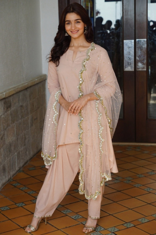 Pastel Pink Silk Indian Patiala Salwar Kameez for Eid with Mirror Work