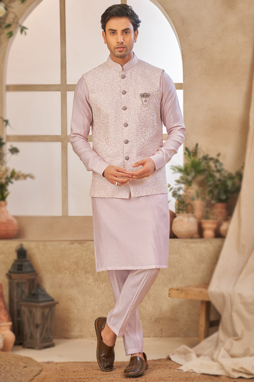 Pastel Pink Silk Plain Men's Kurta Pajama With Embroidered Jacket 