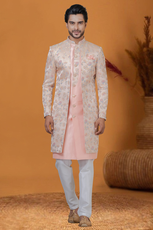 Pastel Pink Silk Weaved Jacket Style Men's Sherwani