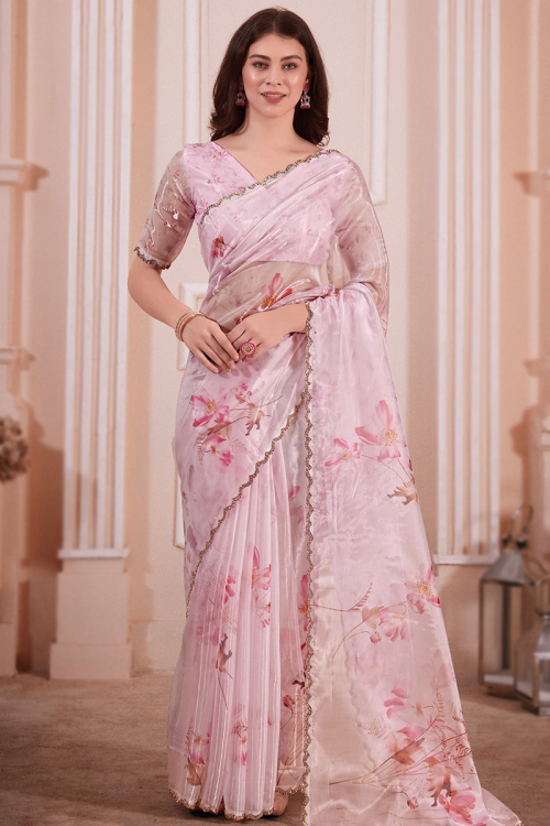 Pastel Pink Stone Embellished Organza Silk Light Weight Saree