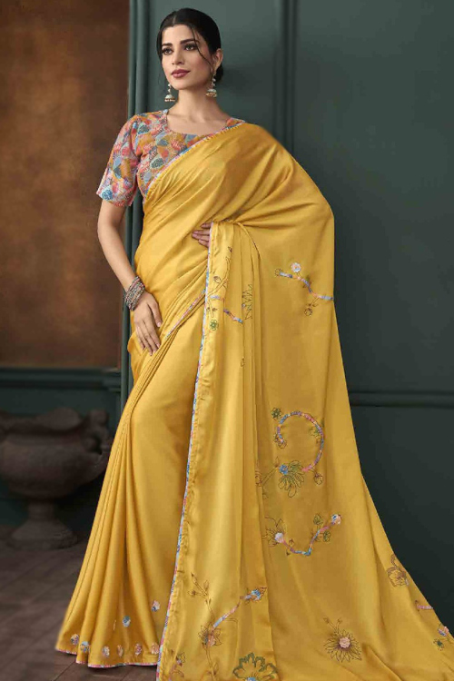 Patch Embroidered Turmeric Yellow Satin Light Weight Saree 