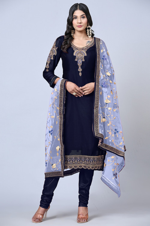 Patch Work Embroidered Georgette Navy Blue Churidar Suit
