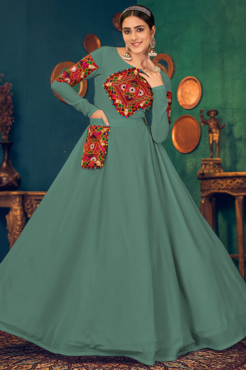 Patch Work Embroidered Georgette Party Wear Dusty Green Gown