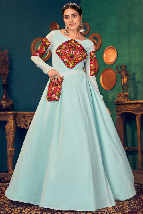 Patch Work Embroidered Georgette Powder Blue Gown