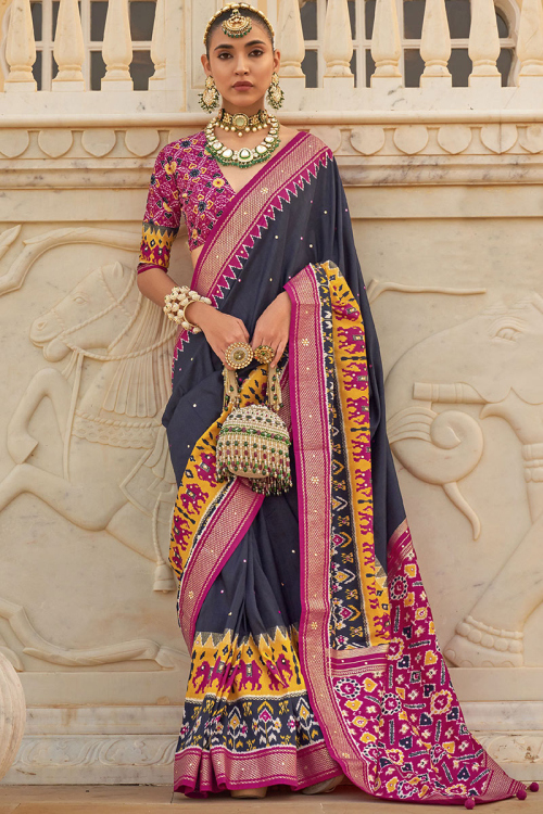 Patola Navy Blue Cotton Silk Saree
