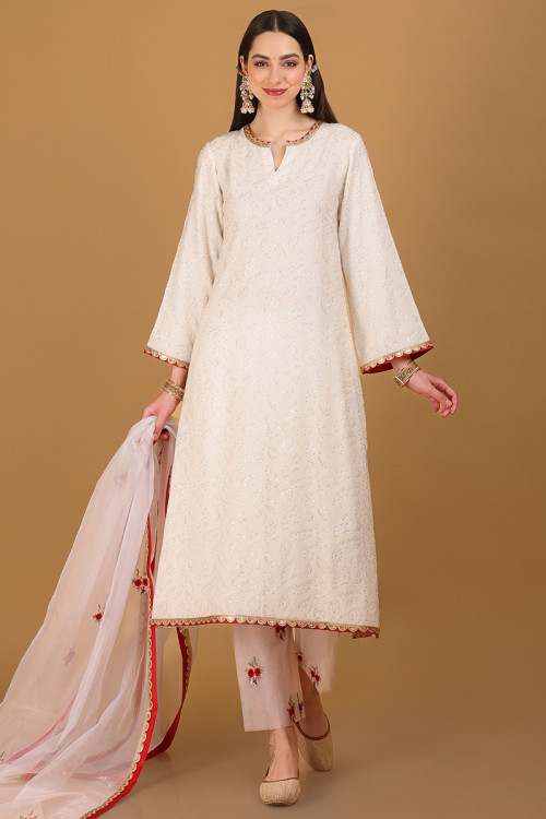 Off White Georgette Embroidered Straight Pant Suit