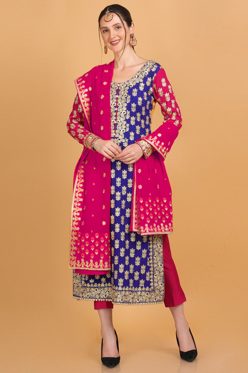 Blue Georgette Embroidered Eid Wear Trouser Suit