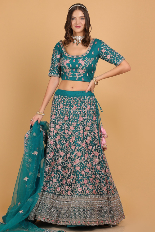 Peacock Blue Resham Thread Embroidered Net Lehenga for Wedding & Party