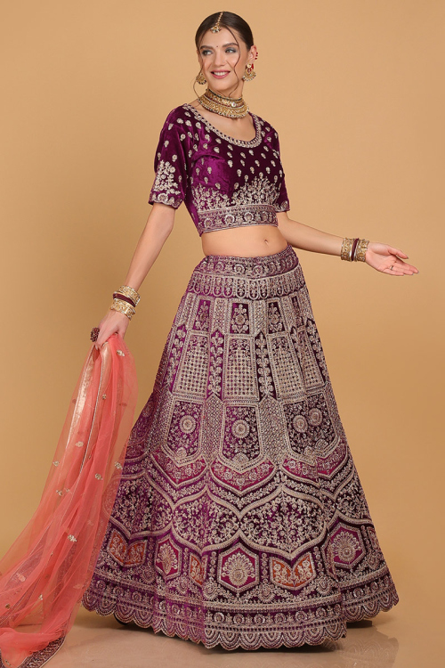 Dark Purple Dori Embroidered Velvet Wedding Lehenga