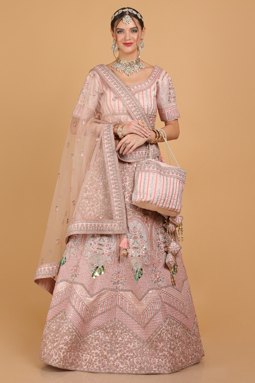 Bridal Wear Salmon Peach Embroidered Silk Lehenga 