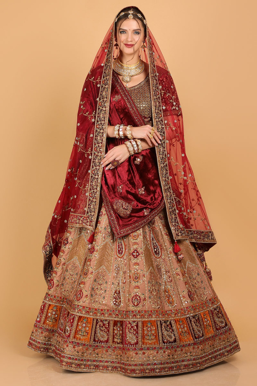 Dori Embroidered Mauve Brown Silk Wedding Lehenga