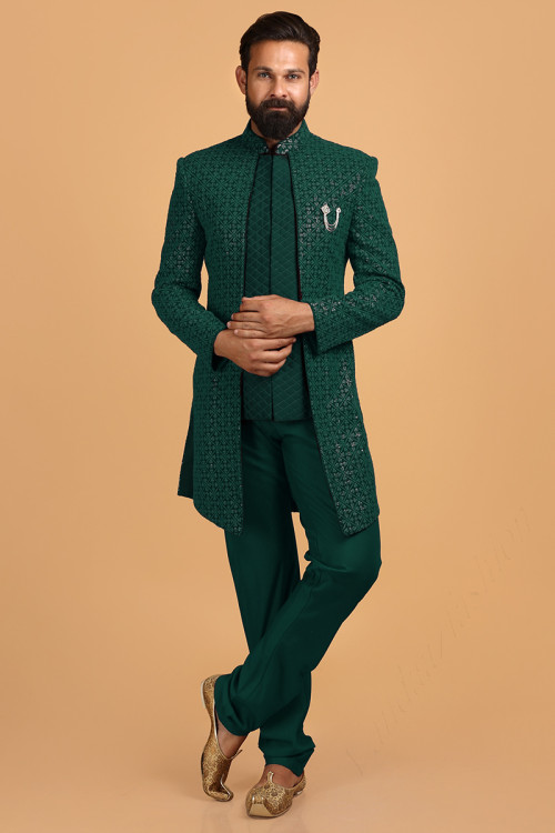 Bottle Green Georgette Embroidered Men Jacket Style Sherwani